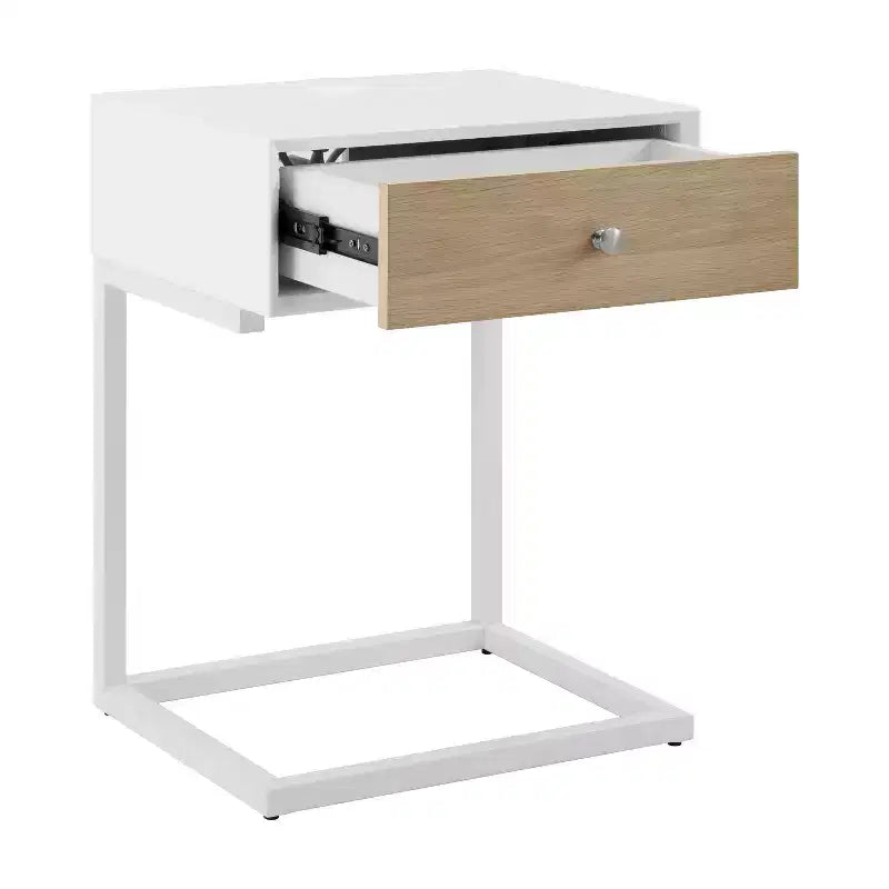 Table de chevet en bois naturel et acier blanc avec tiroir et port USB