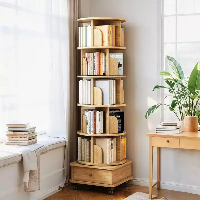 JVNOXK 6 Tier Rotating Bookshelf 360 Display Round Spinning Bookshelf with Wheels and Drawer Space-Saving Small Space Wood