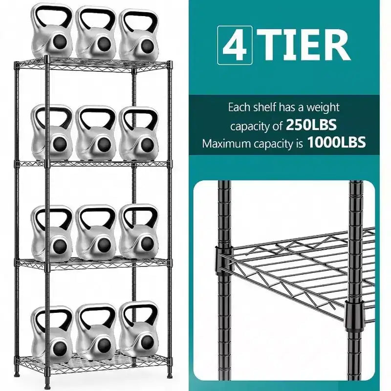 Étagère de rangement noire à quatre niveaux en acier, robuste et pratique en treillis métallique.