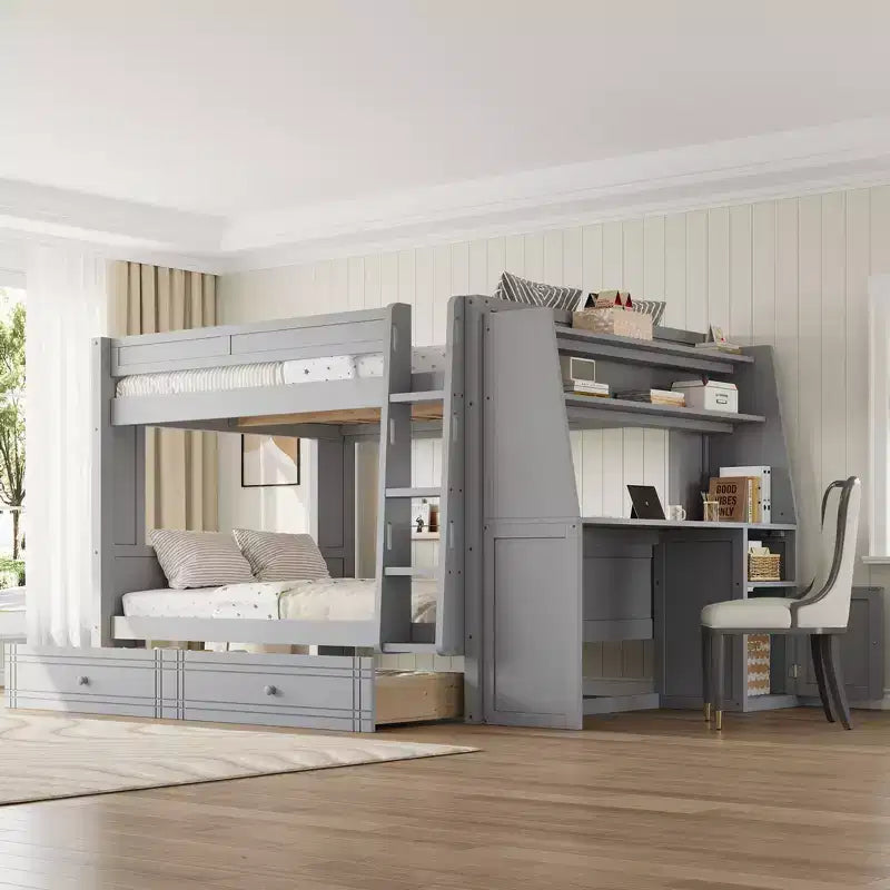 Whisen Full Size Bunk Bed & Bed Frame with Desk and Bookshelves Drawers Ladder
