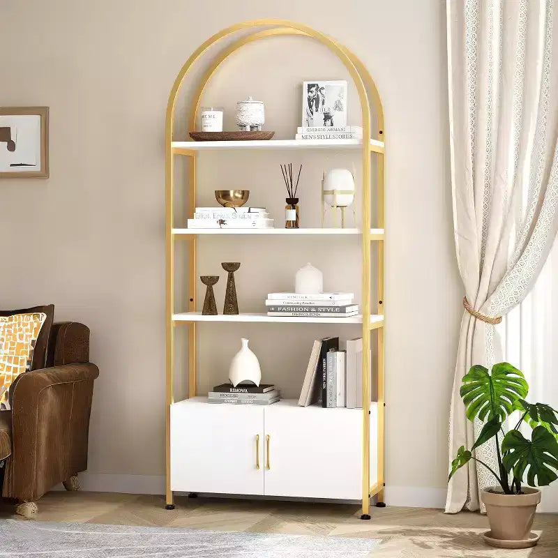 4 Tier Arched Bookshelf with Doors 71.5 Inch Tall Industrial Metal Frame Gold Open Curved Bookcase for Living Room Office