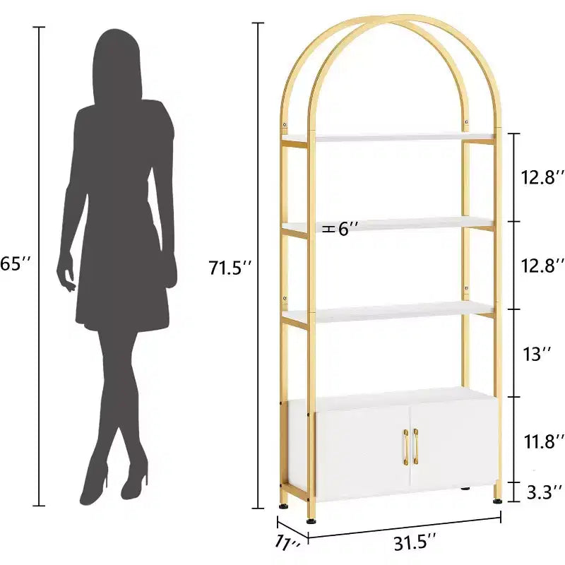 Étagère à quatre niveaux en forme d'arche avec portes, 181,6 cm de haut, structure métallique de style industriel.