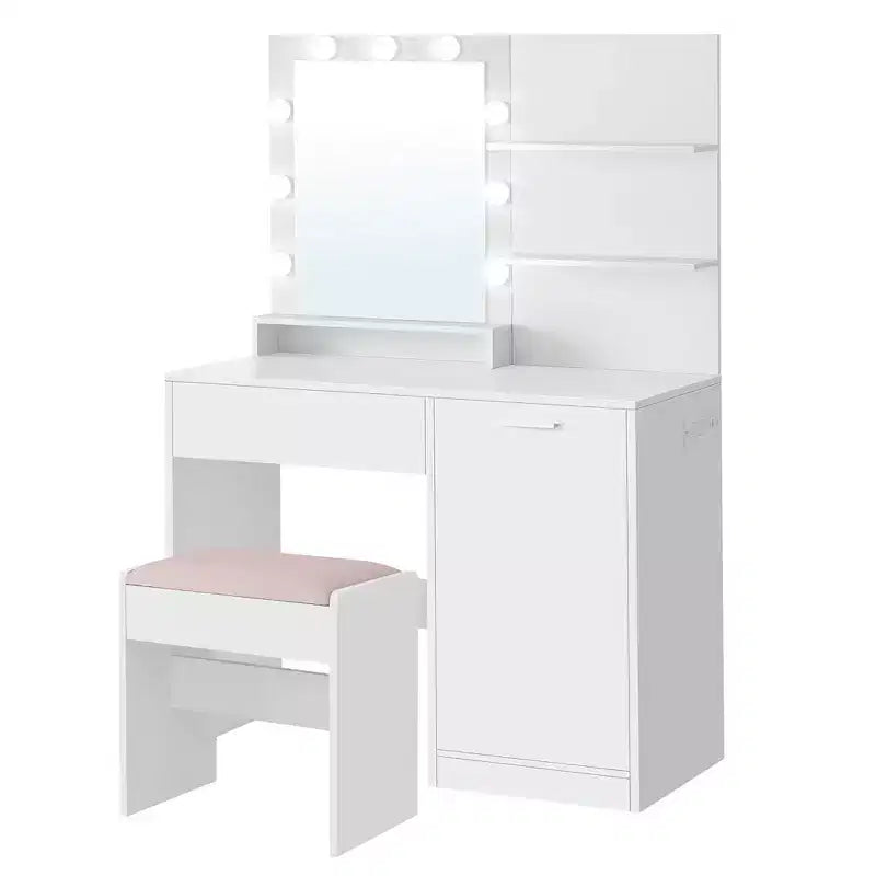 VASAGLE Vanity Desk with Mirror and Lights 35.4-Inch Wide Makeup Vanity with/without Upholstered Vanity Stool Power Outlets Storage Drawer Ink Black