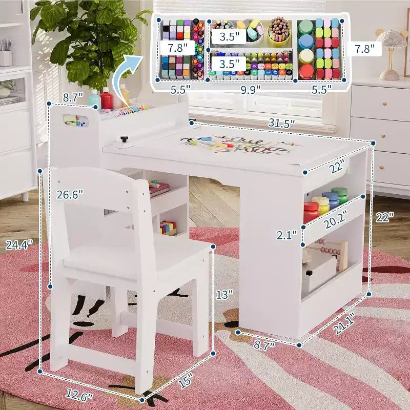 Table d'activités et deux chaises pour enfants, table de bricolage avec grande étagère de rangement.