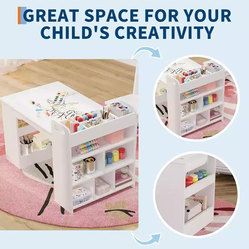 Table d'activités et deux chaises pour enfants, table de bricolage avec grande étagère de rangement.