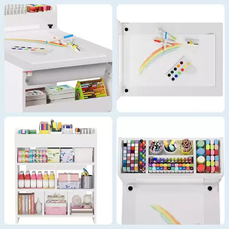 Table d'activités et deux chaises pour enfants, table de bricolage avec grande étagère de rangement.