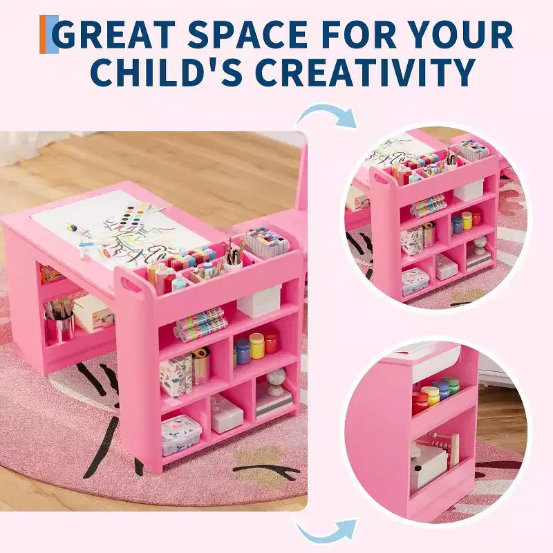 Table d'activités et deux chaises pour enfants, table de bricolage avec grande étagère de rangement.