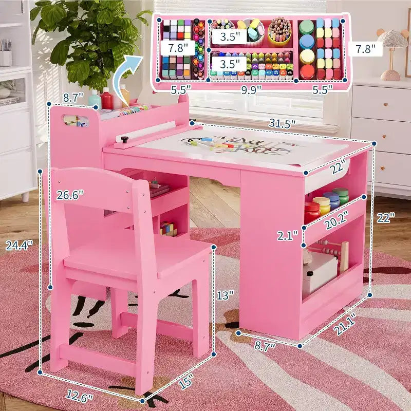 Table d'activités et deux chaises pour enfants, table de bricolage avec grande étagère de rangement.