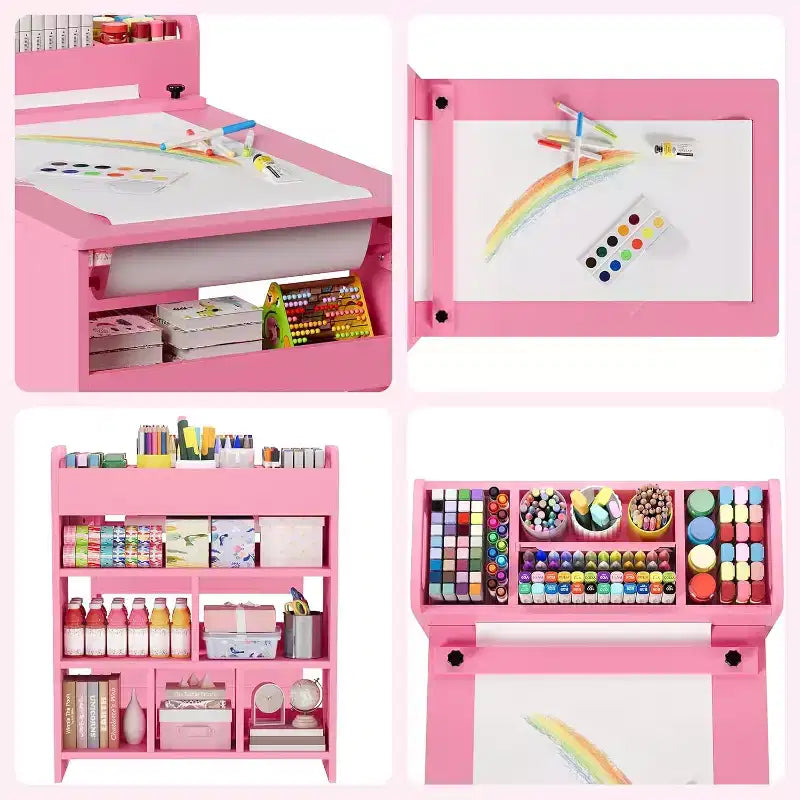 Table d'activités et deux chaises pour enfants, table de bricolage avec grande étagère de rangement.