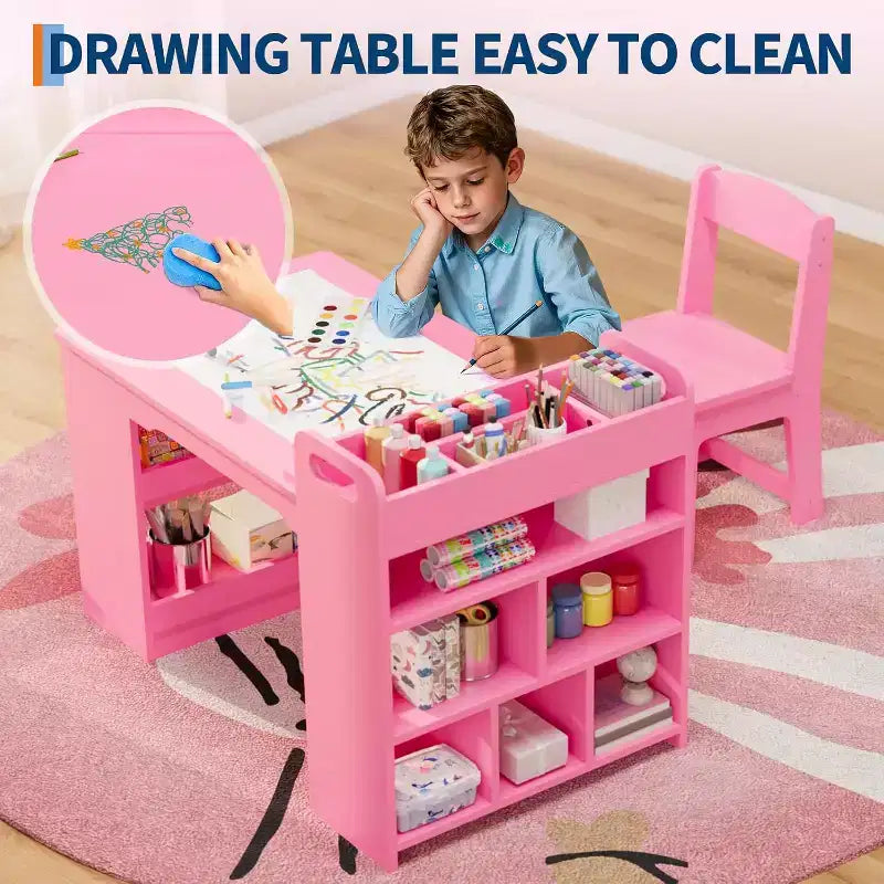 Table d'activités et deux chaises pour enfants, table de bricolage avec grande étagère de rangement.