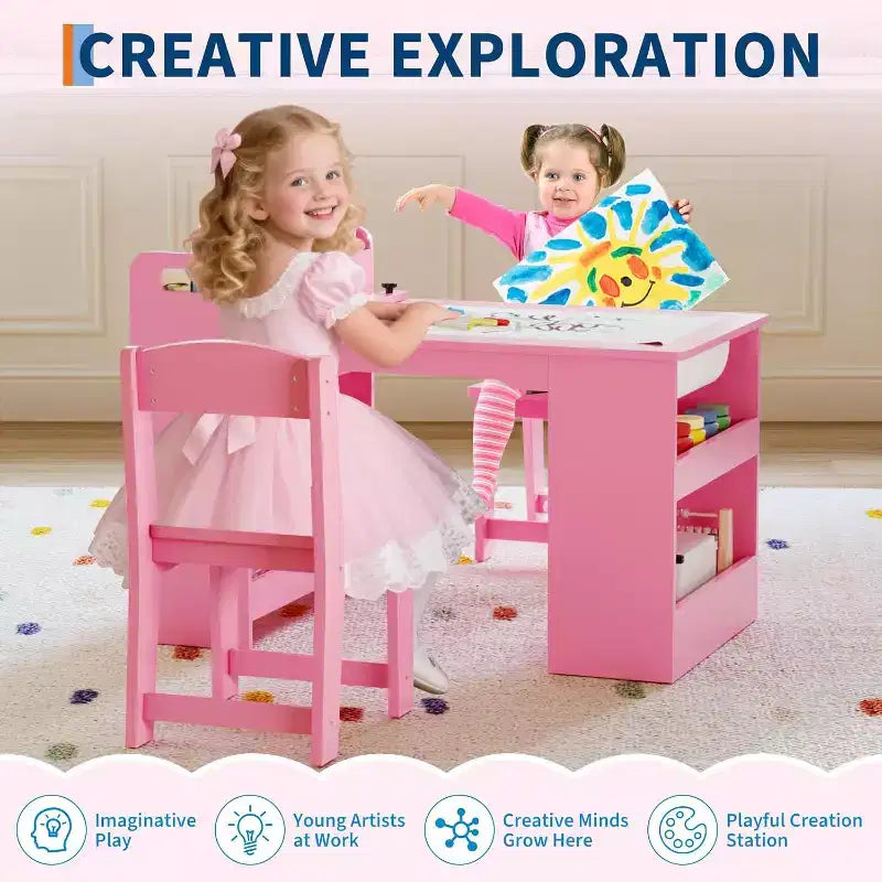 Table d'activités et deux chaises pour enfants, table de bricolage avec grande étagère de rangement.