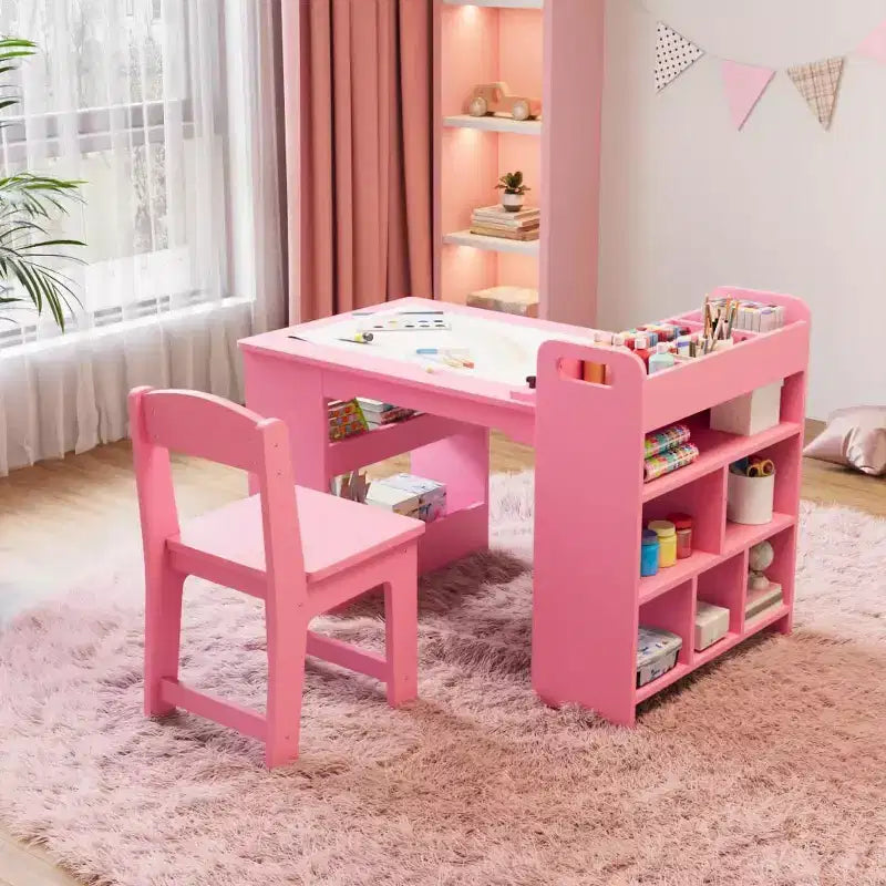 Garvee Kids Art Table and 2 Chairs Craft Table with Large Storage Shelves Wooden Drawing Desk Activity & Crafts for Kids