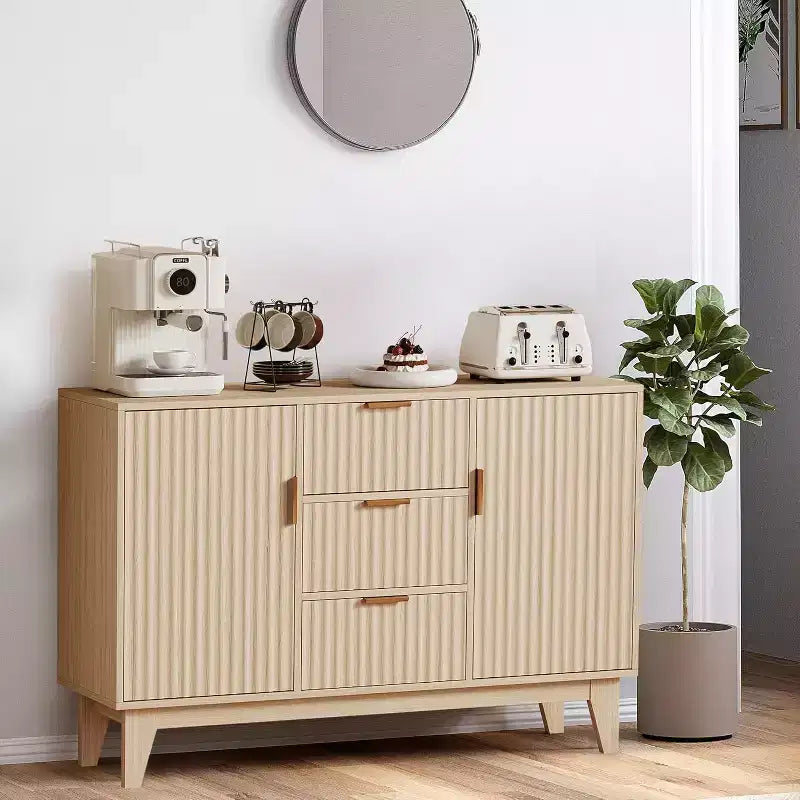 Fluted Sideboard Buffet Cabinet Storage Kitchen Storage Cabinet with 2 Doors & 3 Drawer Wood Coffee Bar Buffet Table for Dining Room Living Room