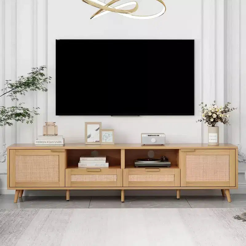 Clihome Rattan TV Stand for TVs up to 85'' Modern Farmhouse Media Console Entertainment Center with Solid Wood Legs TV Cabinet for Living Room