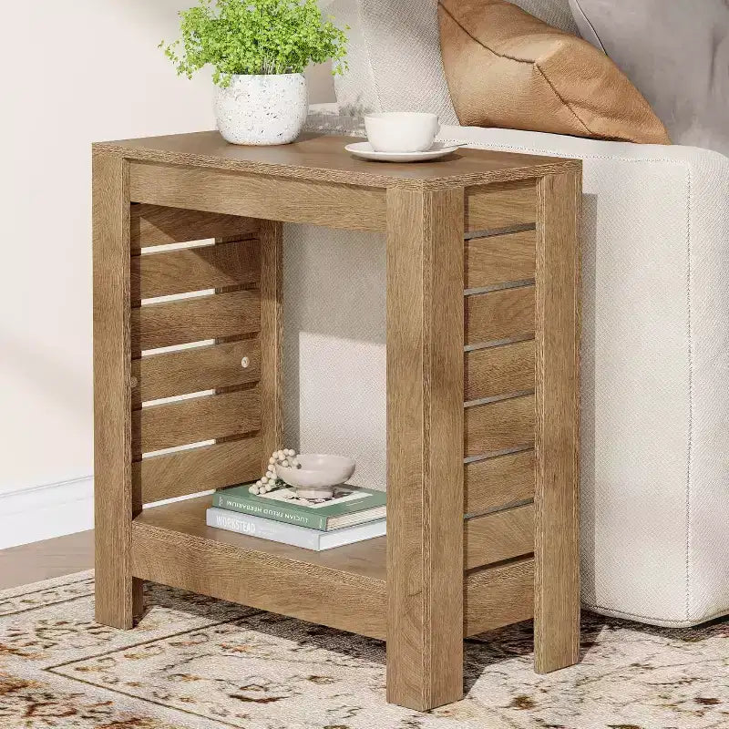 Table/table d'appoint à côtés étroits et double plateau avec étagère de rangement