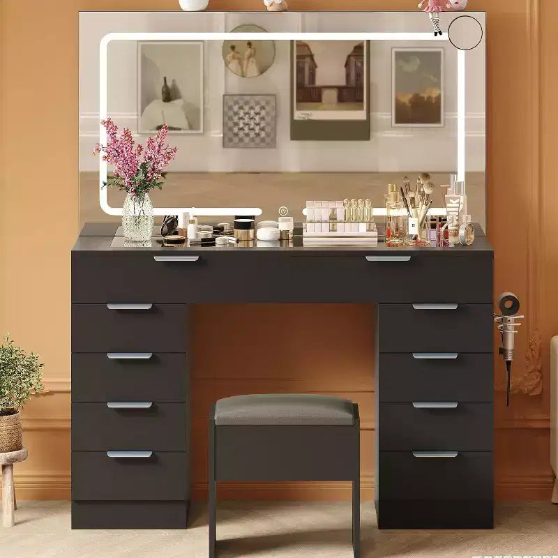 Vanity Desk with Large Mirror Makeup Vanity Set with Power Outlet Stool 10 Drawers Magnifying Glass Hairdryer Holder for Bedroom Dressing Room