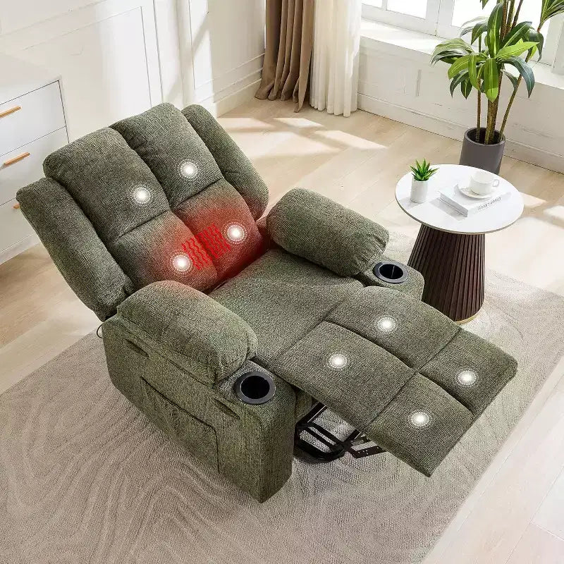 Elderly Standing Assist Sofa Green Linen 57cm Seat Width Iron Frame Sponge Massage Heating Cross Back Design Living Room Bedroom
