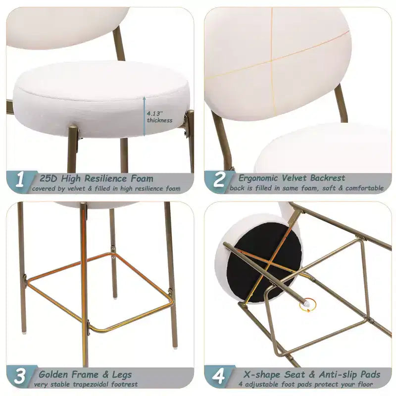 Tabourets de bar en velours avec pieds en métal