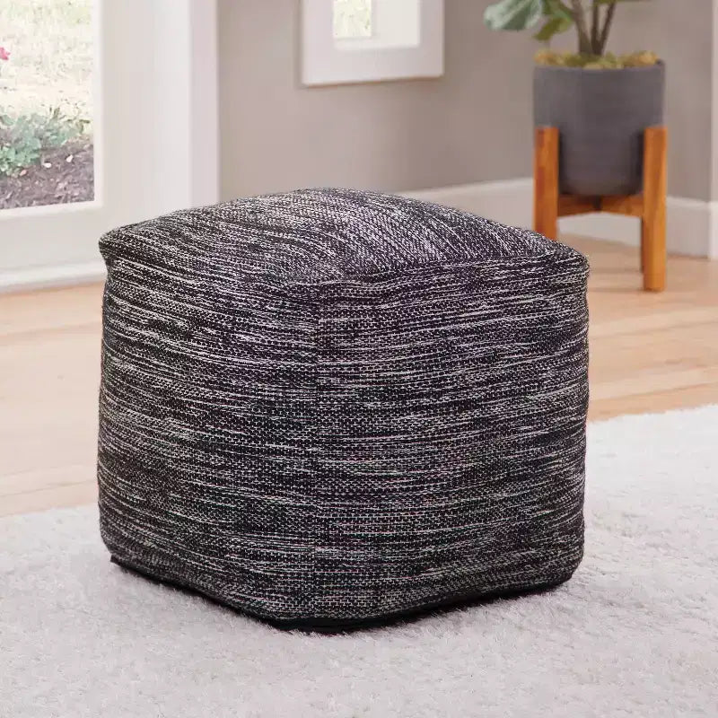 Omari Square Handwoven Pouf Black/Ivory - Steve Silver Co.: Bohemian Abstract Upholstered Ottoman 18" Square 250 lb Capacity