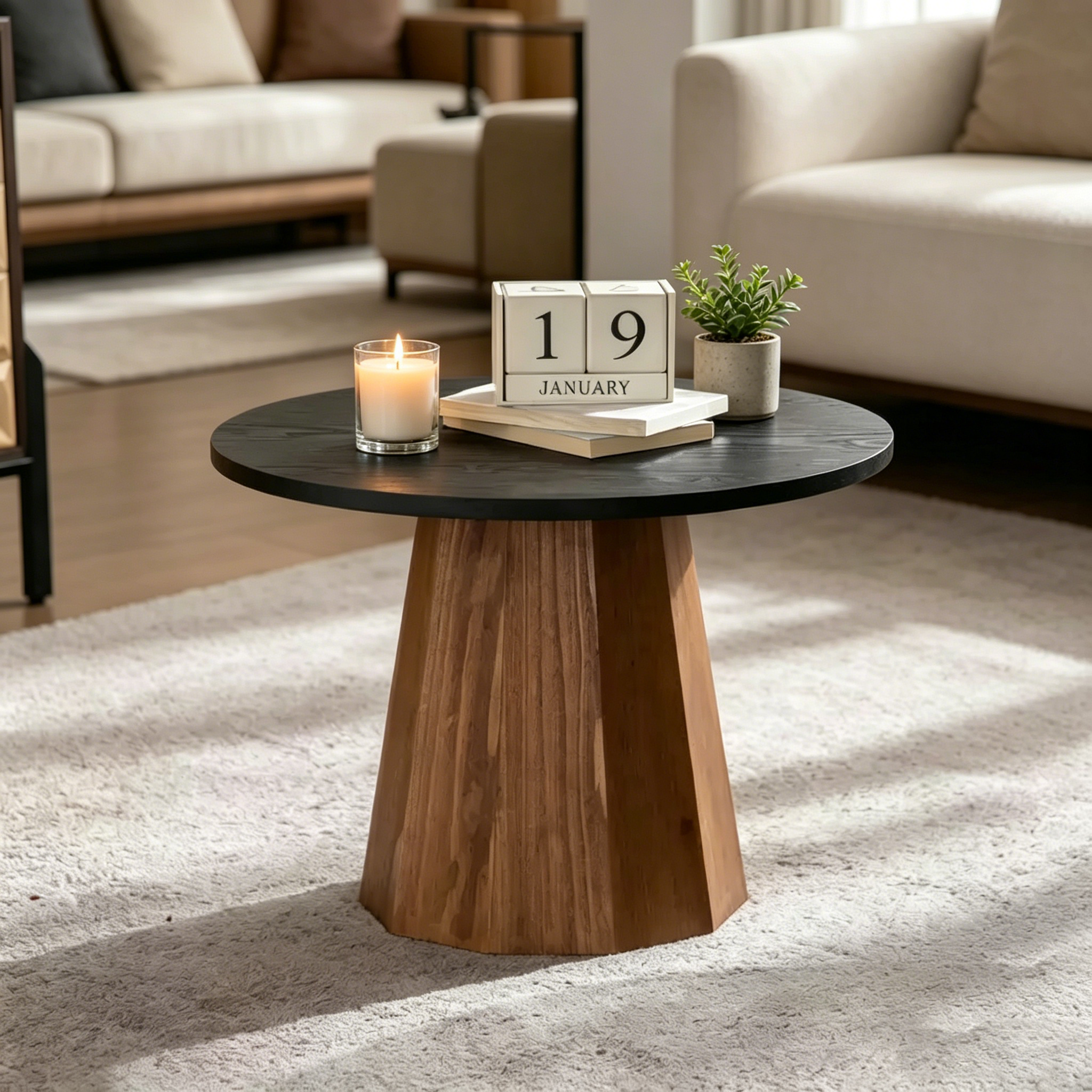 Modern round coffee table with bark pattern