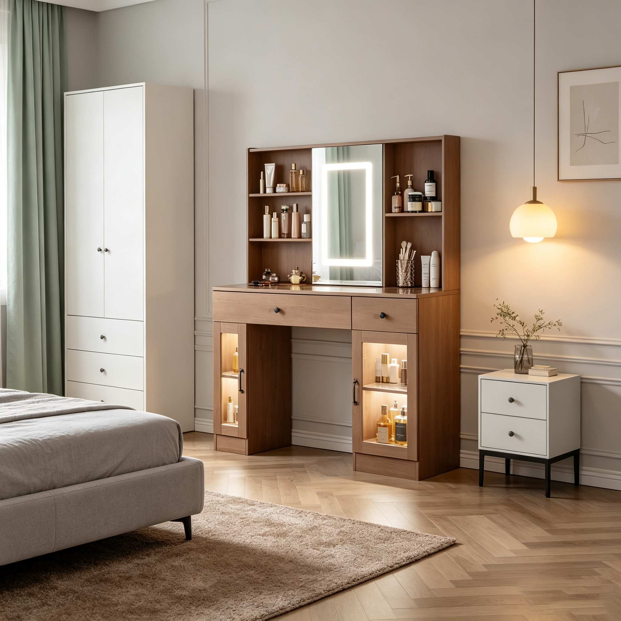 Large dressing table with sliding mirror and tri-color LED lights
